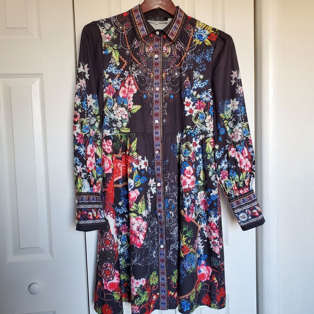 DALIA MACPHEE Shirt Dress Black Floral Long Sleeve XL Button Tailored Collar